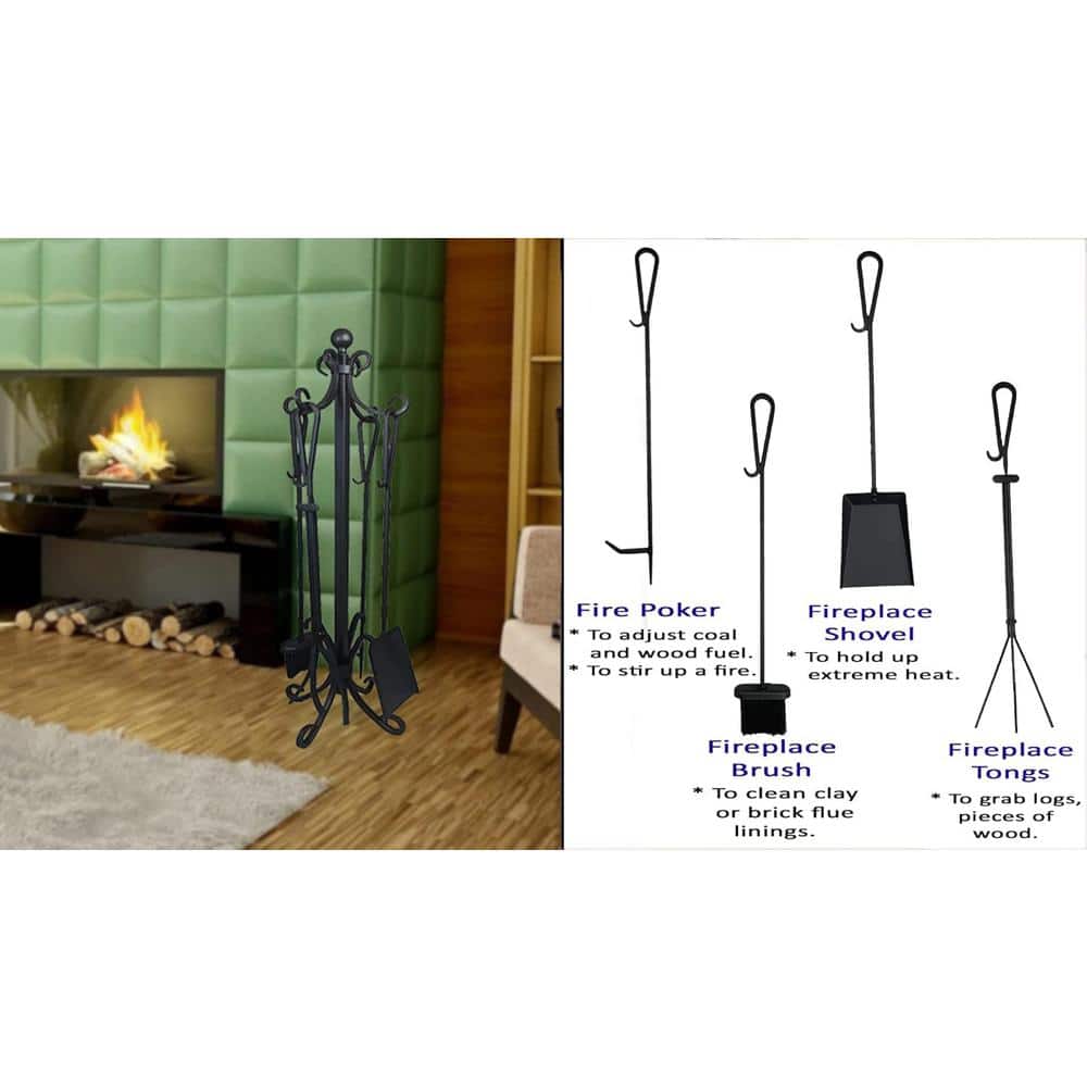 5-Pieces Ashman Fireplace Iron Standing Tools Set with Heavy Crook Handles - Hercitys