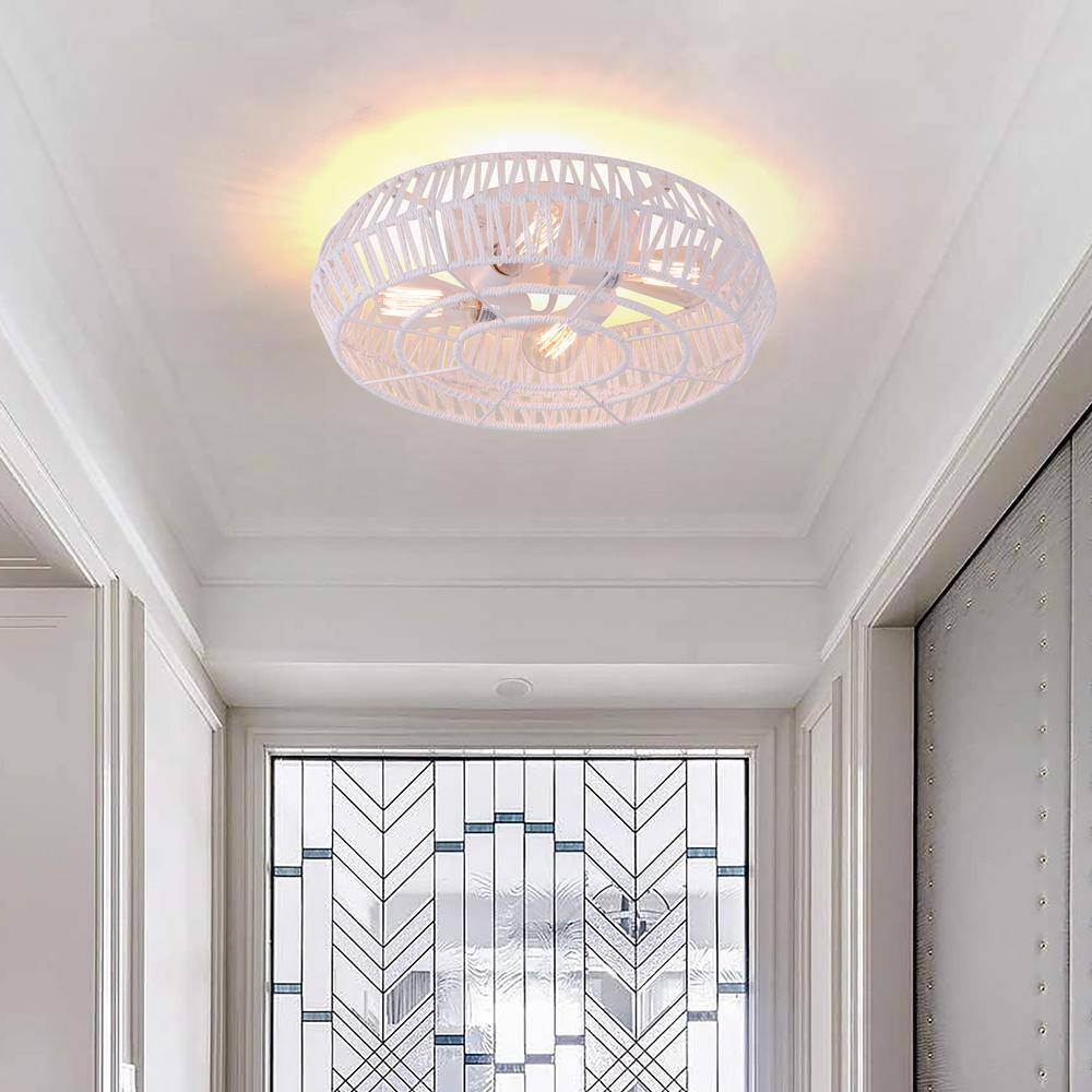 19.3 in. 4-Light White Caged Flush Mount with Rattan Shade and No Bulbs Included - Hercitys