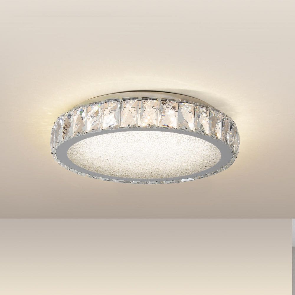 13.8 in. LED Modern Semi Clear Crystal Flush Mount Ceiling Light, 3-Color Temperatures Light Fixtures for Living Room - Hercitys