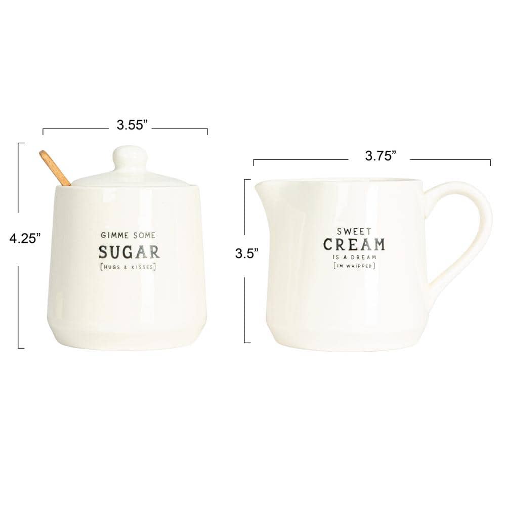 12 fl. oz. White Stoneware Creamer and Sugar Pot with Bamboo Spoon (Set of 2) - Hercitys