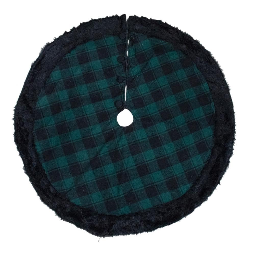 48 in. Green and Black Plaid Christmas Tree Skirt with Faux Fur - Hercitys