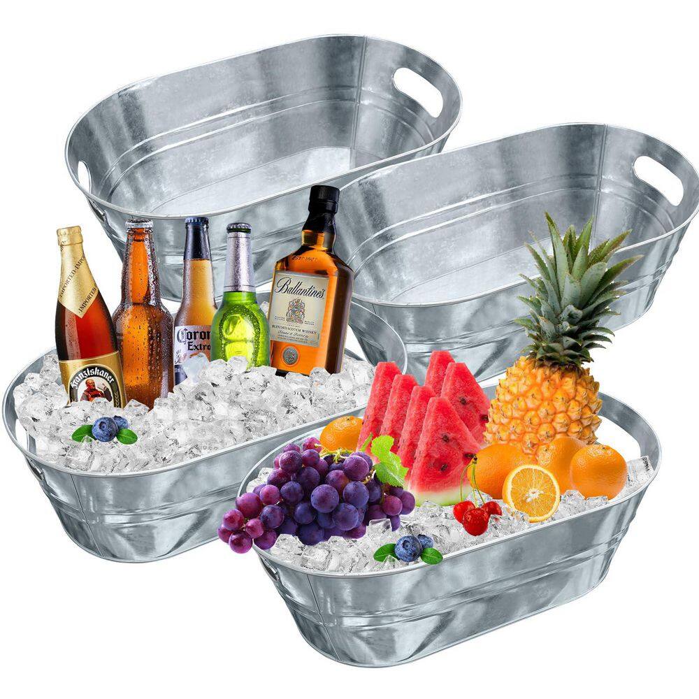 16 qt. Silver Galvanized Ice Buckets with Built-in Carry Handle for Parties (4-Pack) - Hercitys
