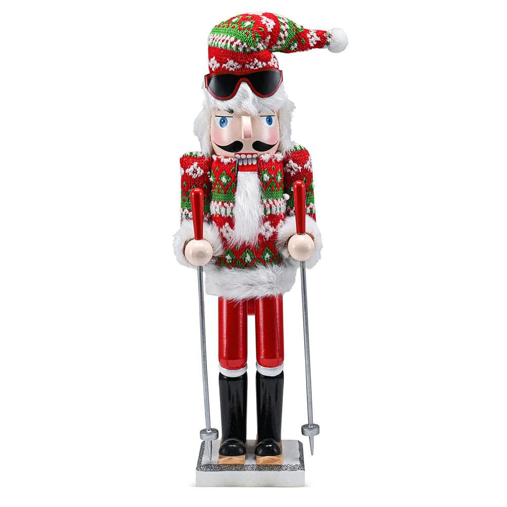15 in. Wooden Christmas Skier Man Nutcracker -Red and Green Nutcracker Guy with Ugly Sweater and Skis in Skiing Pose - Hercitys