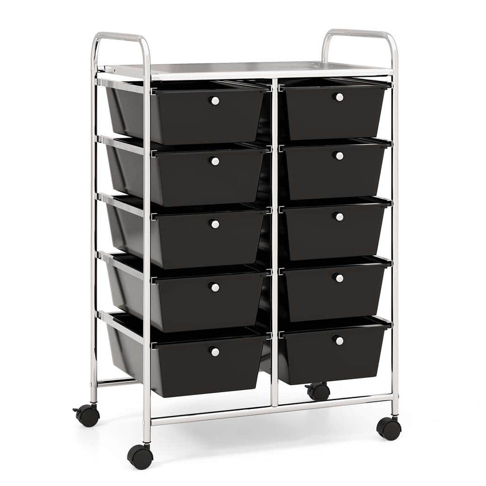 10-Drawer 4-Wheeled Plastic Storage Cart Utility Rolling Trolley Kitchen Office Organizer in Black - Hercitys