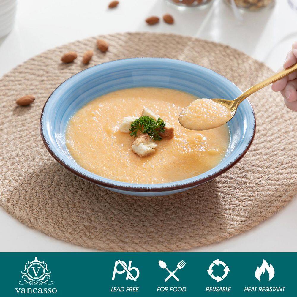 27 fl. oz. Multi-Blue Stoneware Soup Bowl (Set of 6), Pasta Bowl Set Noodle Bowl Soup Plates Serving Bowls - Hercitys