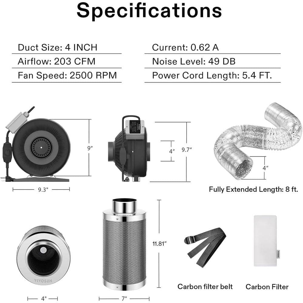 4 in. 203 CFM Inline Fan with Speed Controller and Leather Sheath, 4 in. Carbon Filter and 8 ft. of Ducting - Hercitys