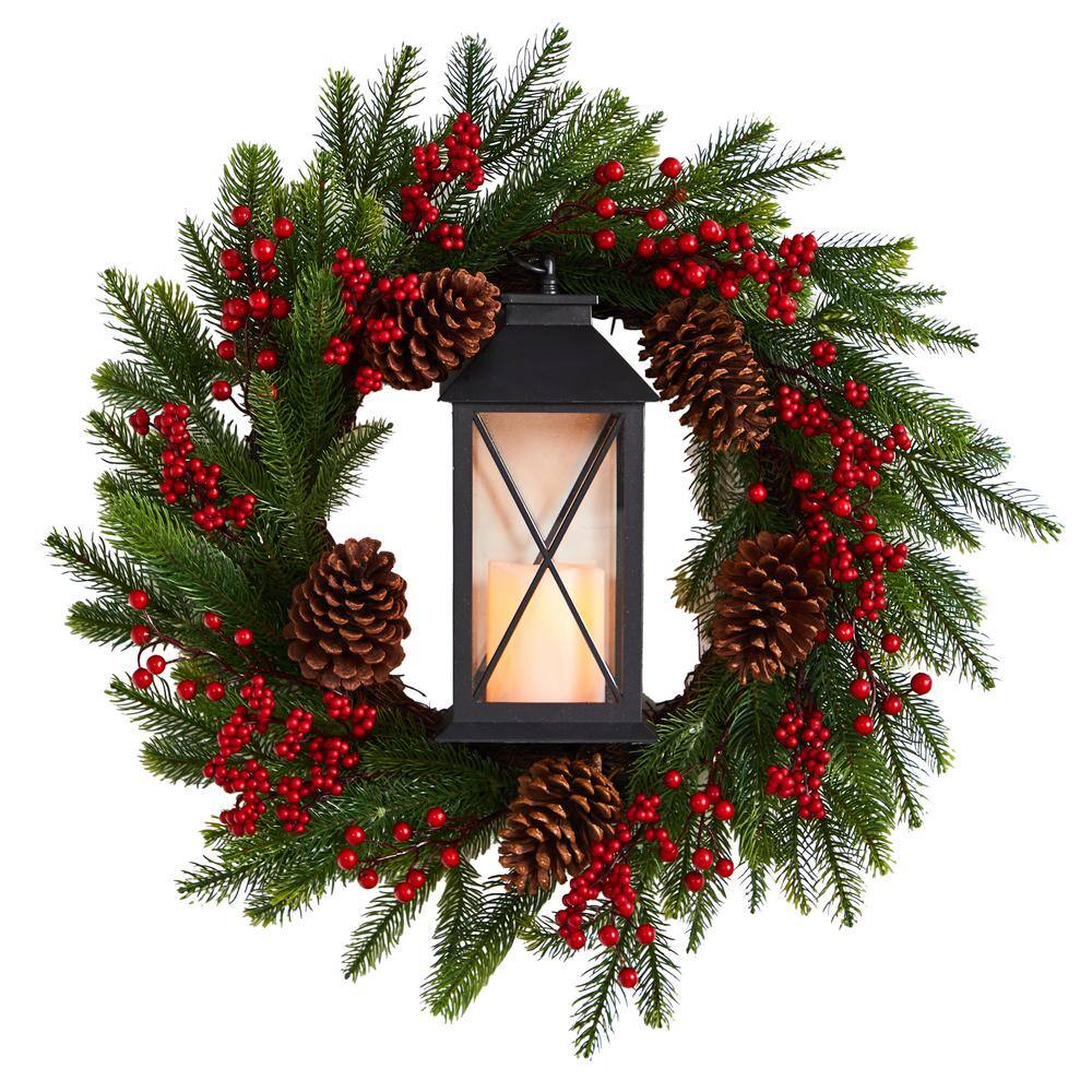 28 in. Green Pre-Lit Berries and Pine Artificial Christmas Wreath with Lantern and Included LED Candle - Hercitys