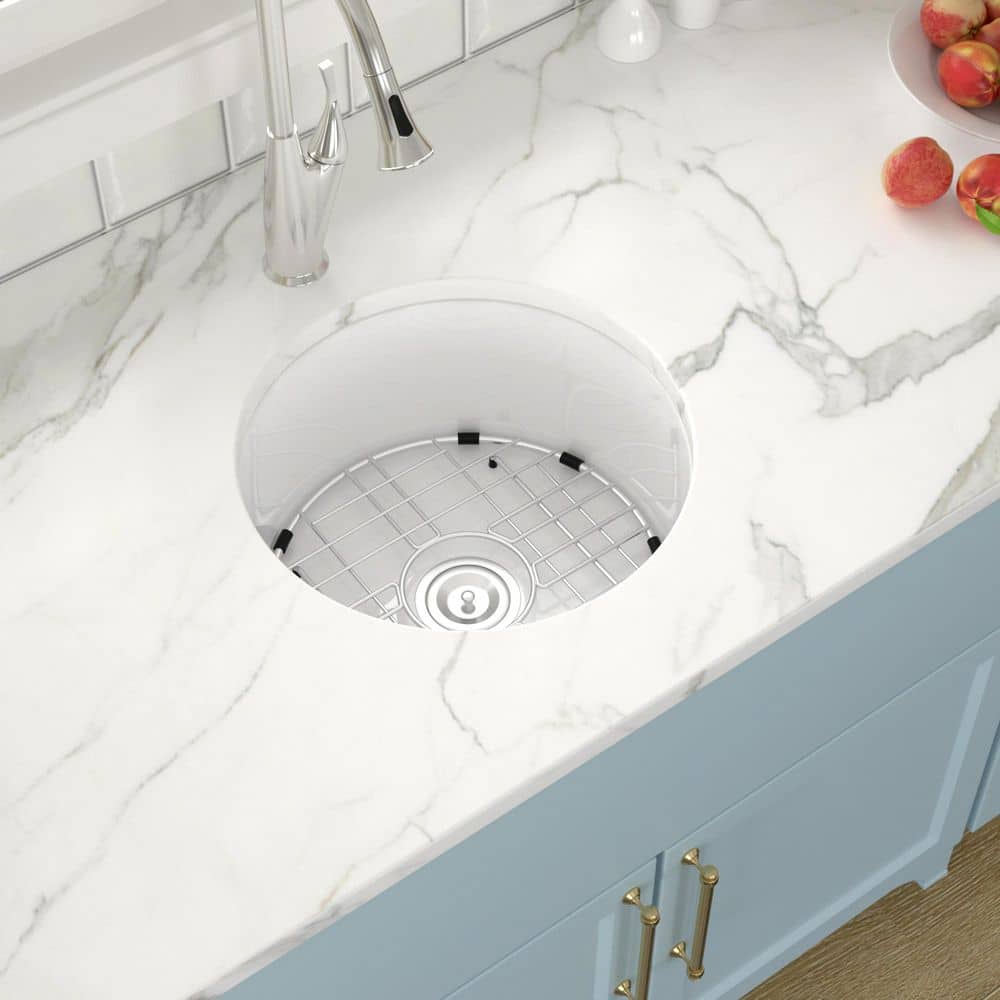15.5 in. Undermount Ceramic Bar Sink Round White Bathroom Vessel Sink with Sink Grid - Hercitys
