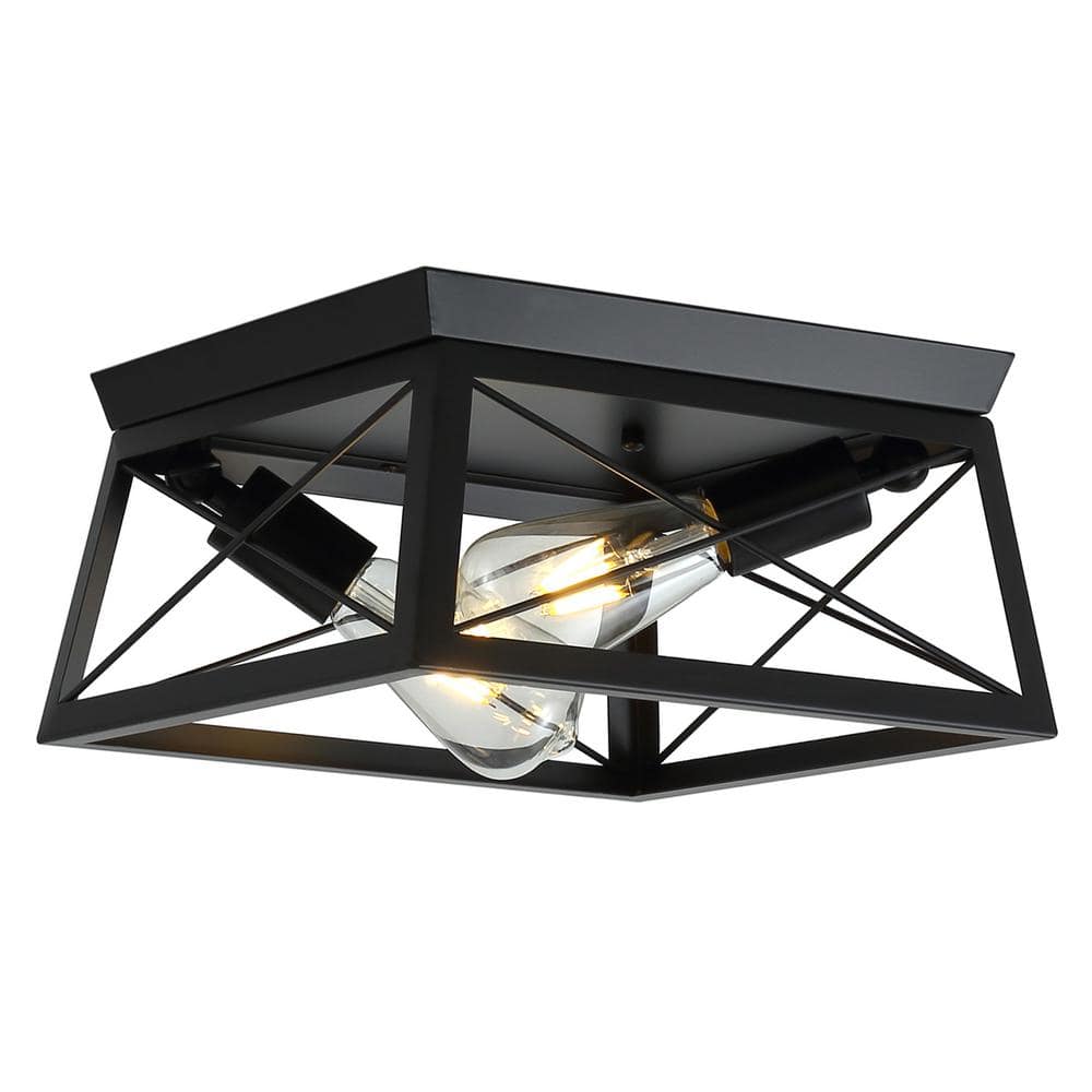 11.81 in. 2-Light Black Farmhouse Caged Square Flush Mount Industrial Vintage Ceiling Lighting - Hercitys
