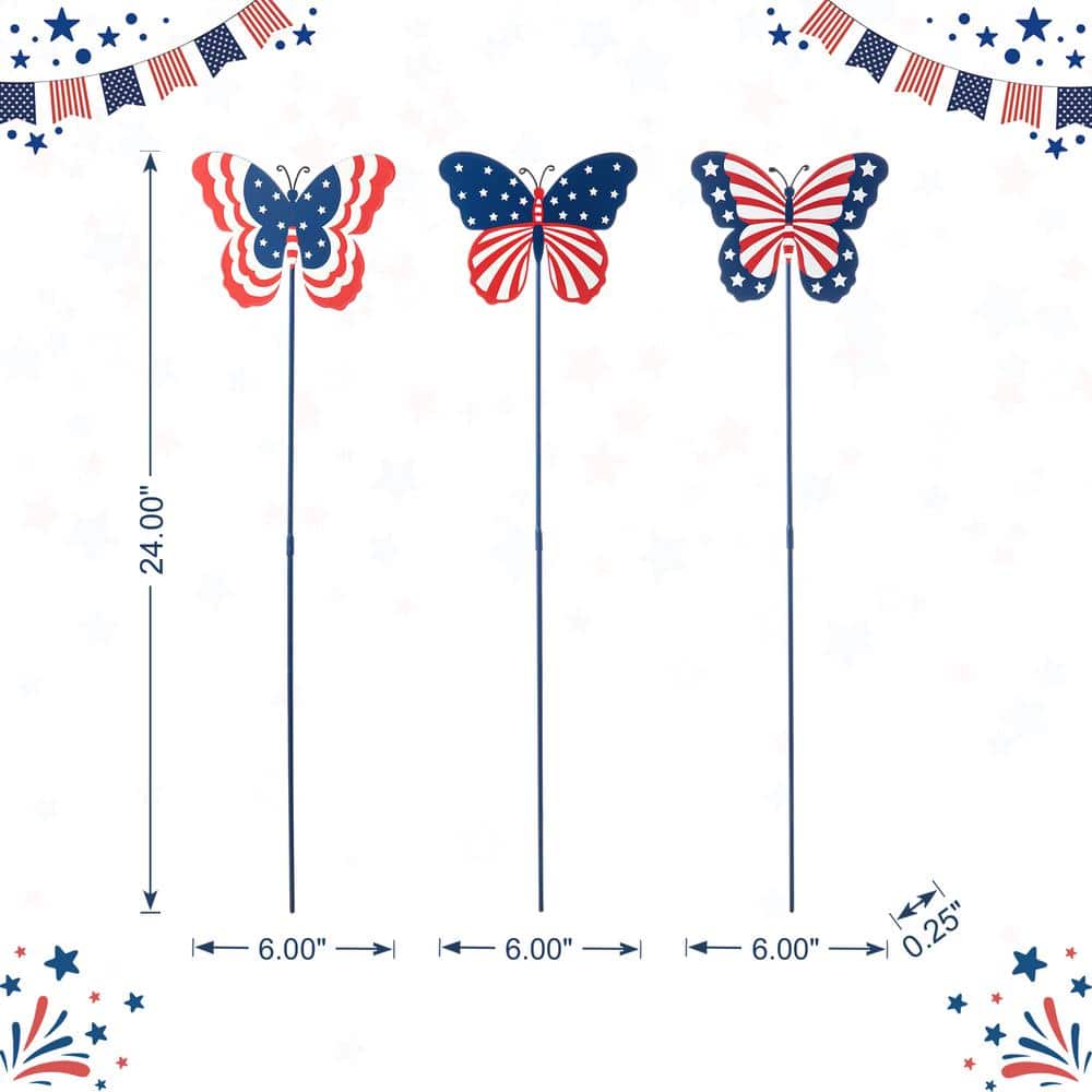 24 in. H Set of 3 Patriotic/Americana Metal Butterflies Yard Stake (KD) - Hercitys