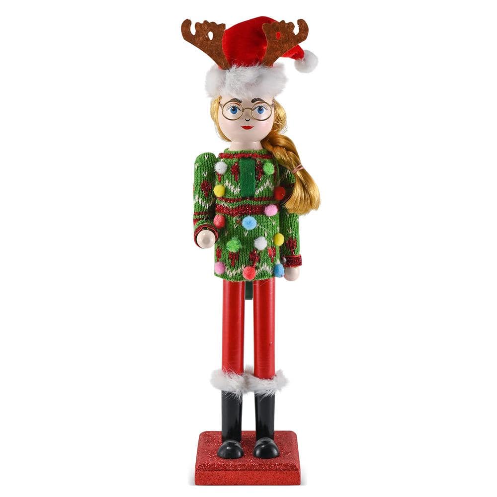 15 in. Wooden Christmas Ugly Sweater Nutcracker -Red and Green Nutcracker Girl with an Ugly Sweater and Reindeer Hat - Hercitys