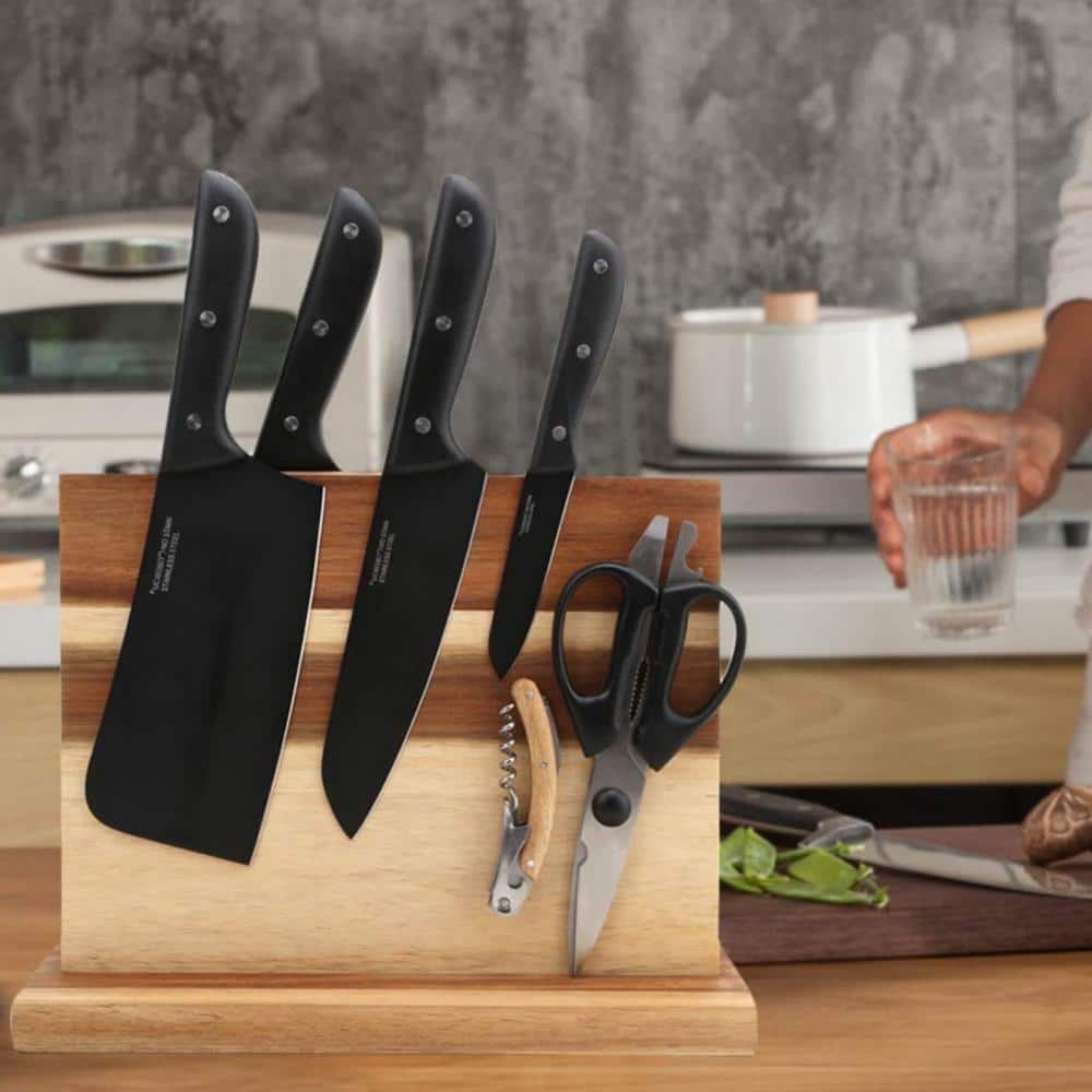 16-Knife 12 in. x 10 in. Magnetic Knife Holder, Acacia Wooden Magnetic Knife Block with Strong Enhanced Magnetic Strip - Hercitys