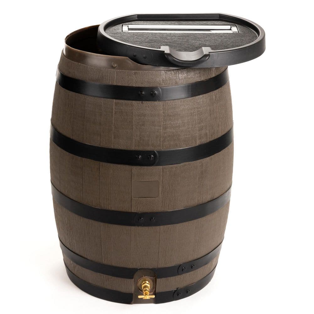 55 Gal. Premium Flat Back Rain Barrel with Removable Lid, Woodgrain with Black Stripes Color - Hercitys