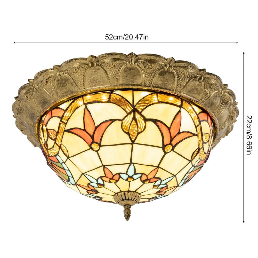 20.47 in. 36-Watt Gold European LED Flush Mount Ceiling Light with Stained Glass Shade - Hercitys