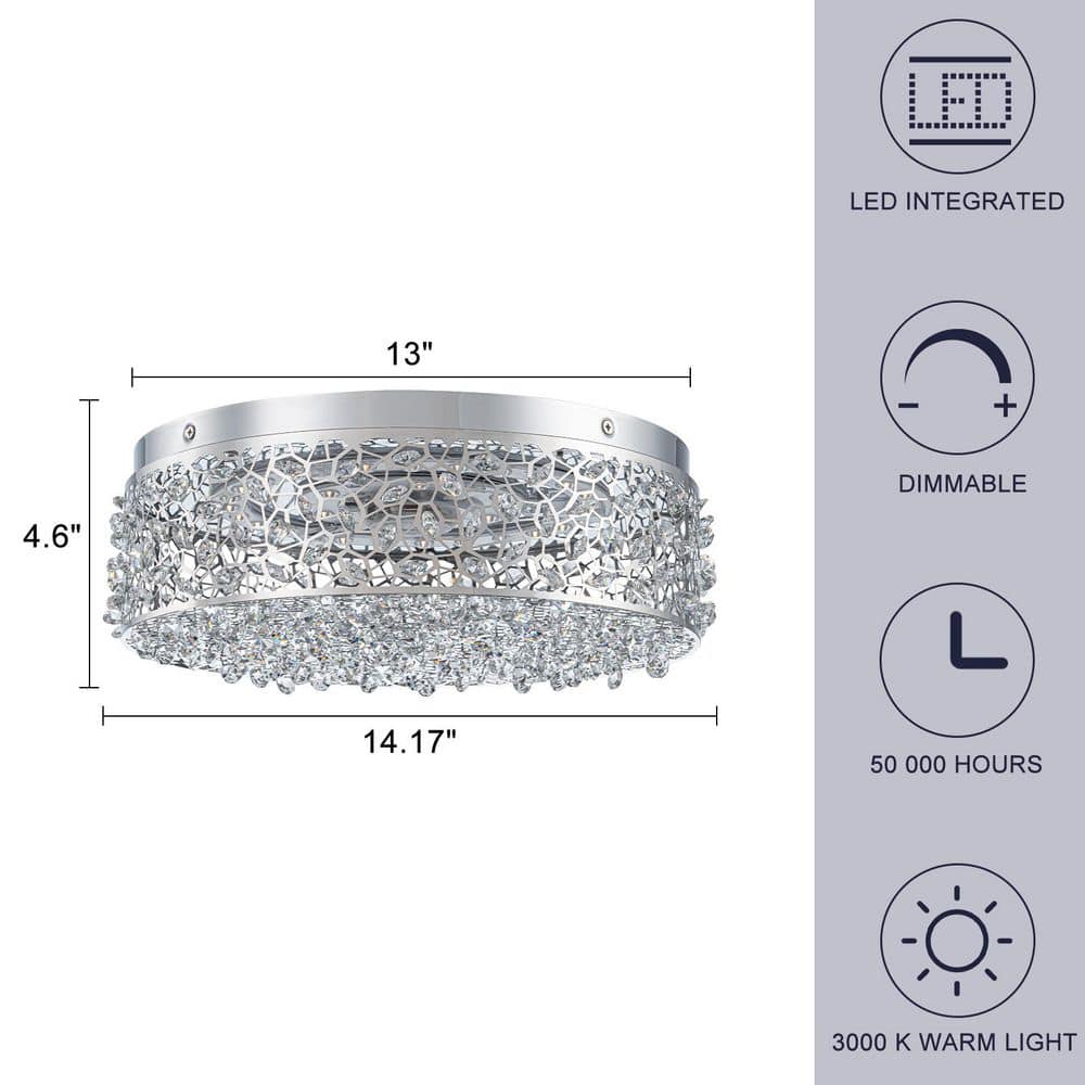 14.17 in. 20-Watt Modern Chrome Metal Round Integrated LED Flush Mount Ceiling Light with Beaded Drum Crystal Shade - Hercitys