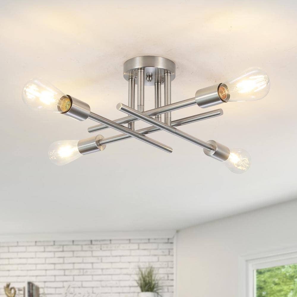18.5 in. 4-Light Nickel Dimmable Sputnik Linear Chandelier Semi Flush Mount Chandelier for Living Room Dining Room Foyer - Hercitys