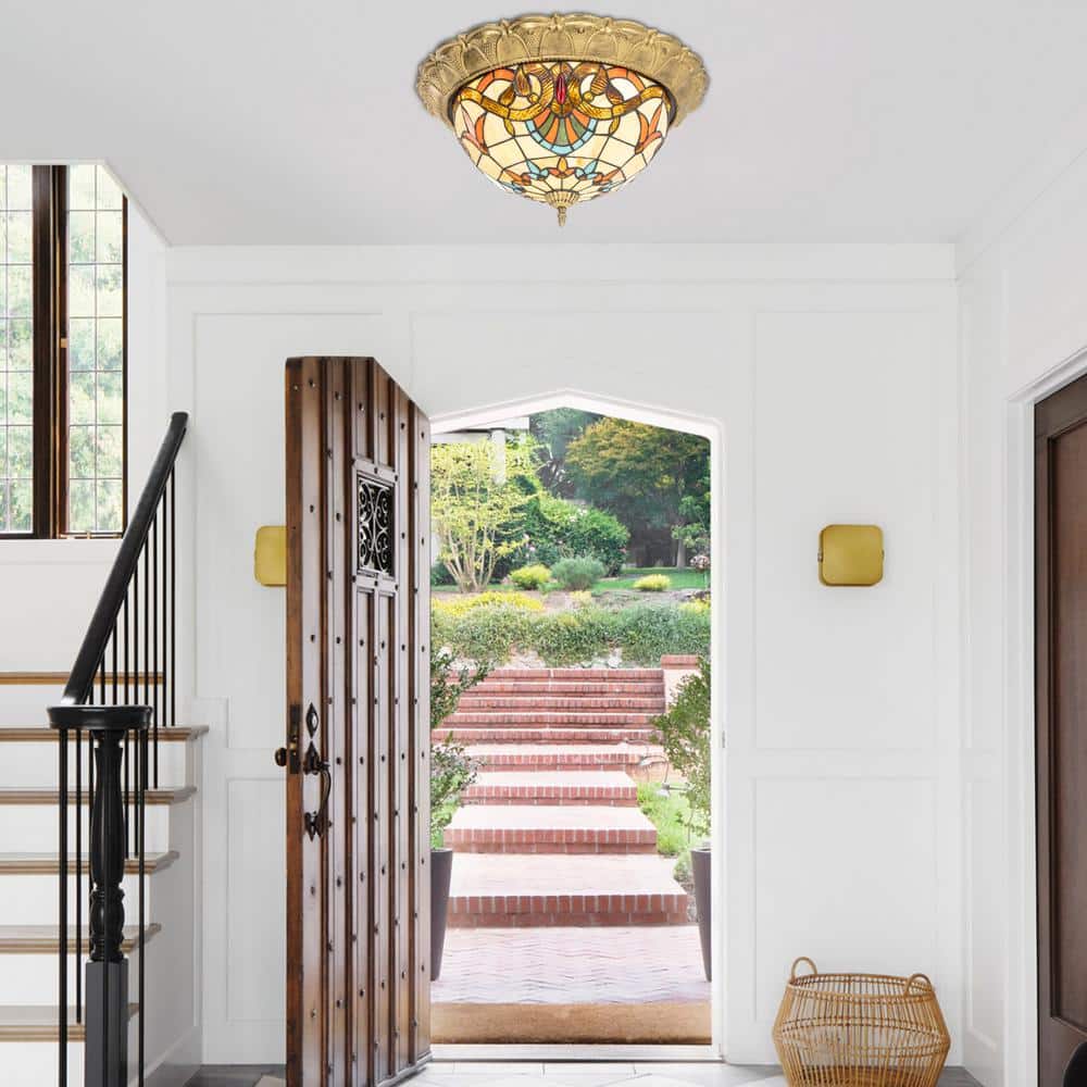 20.47 in. 36-Watt Gold European LED Flush Mount Ceiling Light with Stained Glass Shade - Hercitys