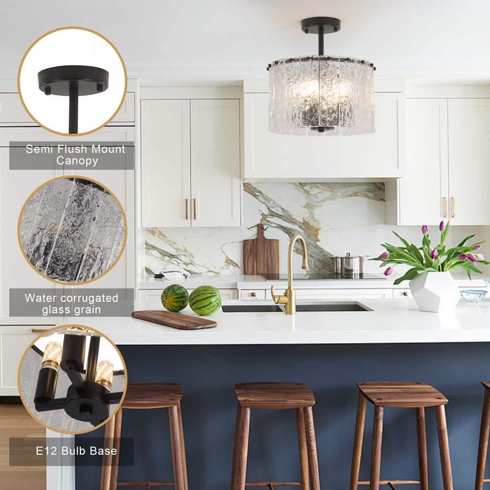 12.5 in. 4-Light Black Modern Semi-Flush Mount Ceiling Light with Glass Shade - Hercitys