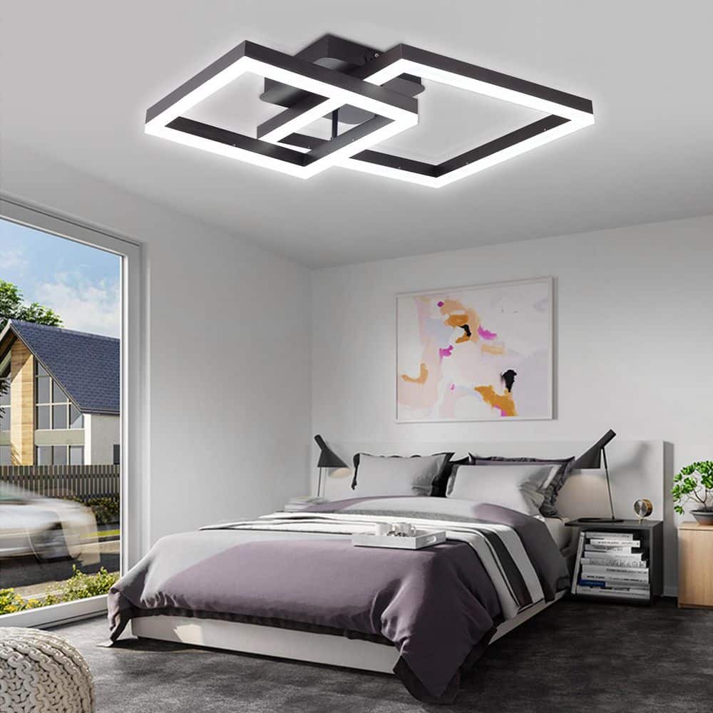 23.6 in. 1-Light Black Modern Geometric Design Selectable LED Semi-Flush Mount Ceiling Light with Remote - Hercitys