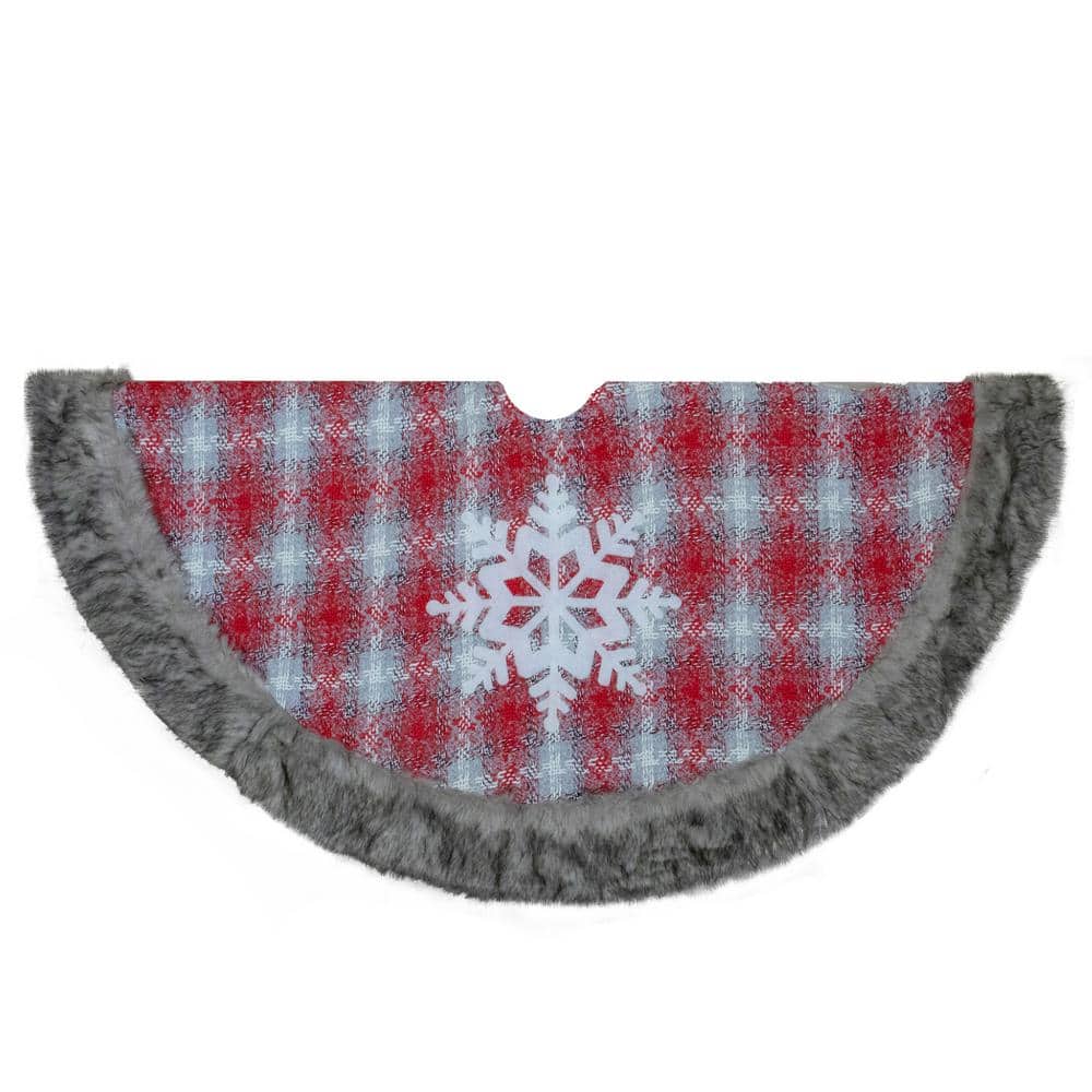 48 in. Red and White Plaid Christmas Tree Skirt with Snowflake - Hercitys