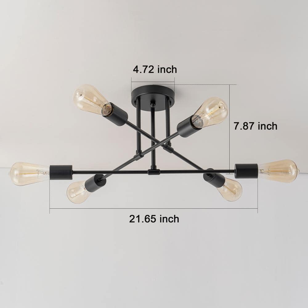 21.65 in. 6-Light Matte Black Modern/Industrial Branch Kitchen Island Semi-Flush Ceiling Light - Hercitys