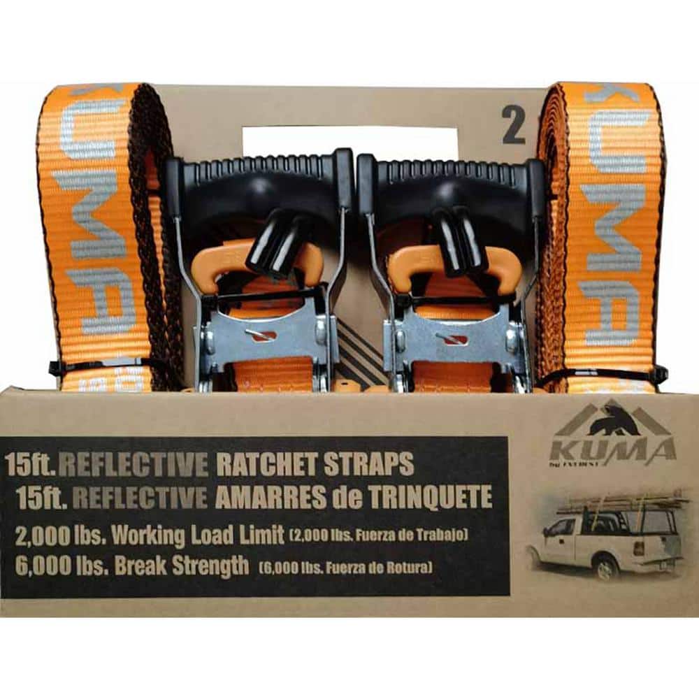 1.5 in. x 15 ft. Kuma Heavy Duty Reflective Ratchet Strap 2,000LBS WLL 2-Pack - Hercitys