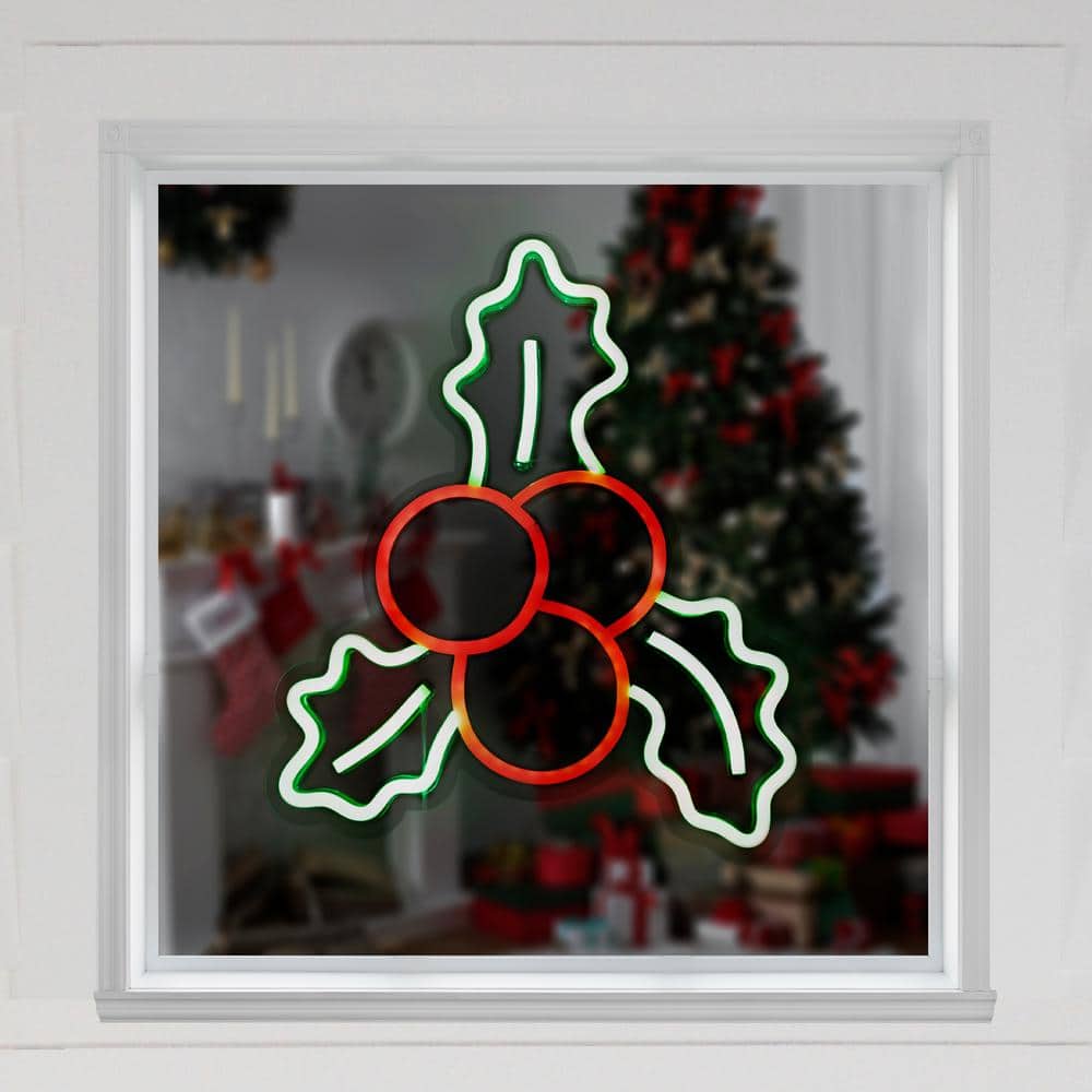 12 in. LED Lighted Neon Style Holly Berries Christmas Window Silhouette - Hercitys