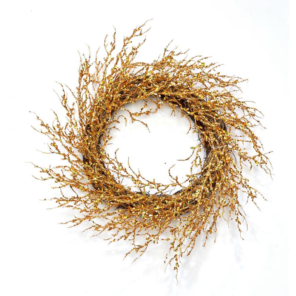 22 in. Gold Artificial Christmas Wreath with Glitter Coral Twig - Hercitys