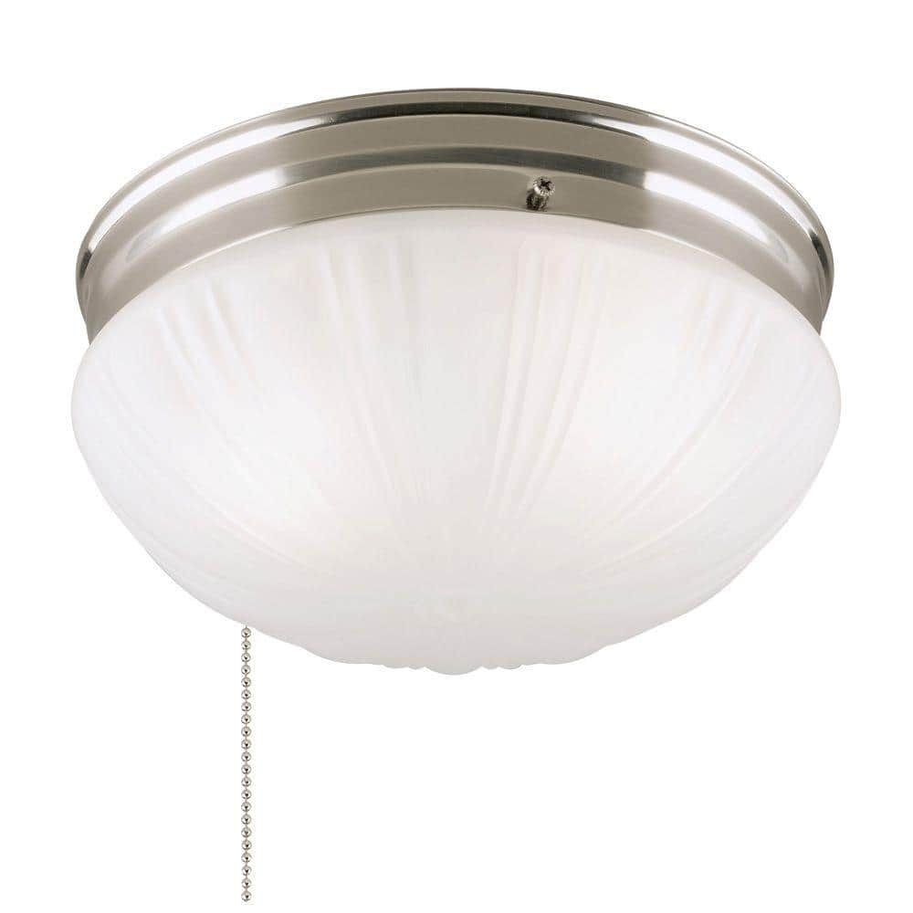 2-Light Brushed Nickel Flush Mount Interior with Pull Chain and Frosted Fluted Glass - Hercitys