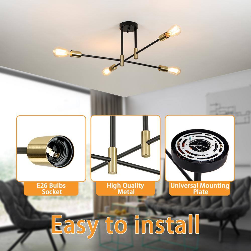 27.5 in. 4-Light Black and Brass Sputnik Semi- Flush Mount Ceiling Light with No Bulbs Included - Hercitys