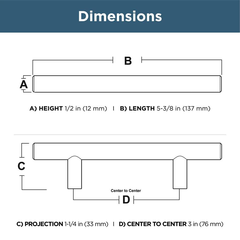 10-Pack Solid Bar 3 in. (76 mm) Modern Matte Black Cabinet Drawer Bar Pulls - Hercitys