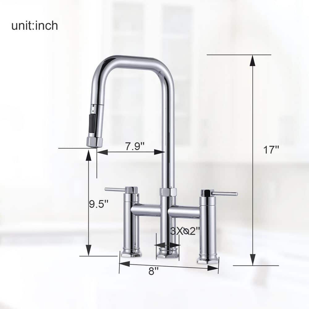 3 Holes Double Handle Brass Bridge Kitchen Faucet with Pull Down Sprayer and Supply Lines in Polished Chrome - Hercitys