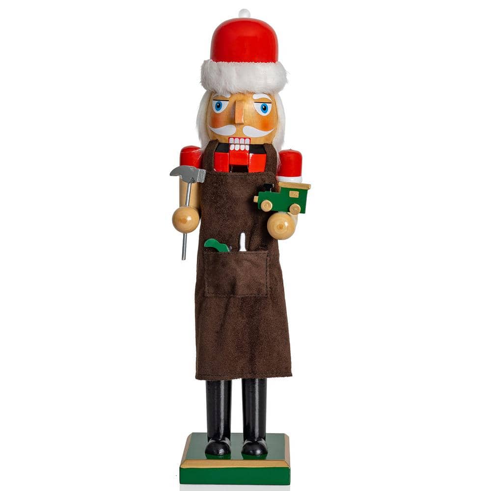 15 in. Wooden Christmas Toy Maker Nutcracker-Red and Green Wood Nutcracker with Brown Apron, Toy Car and Hammer-Holiday - Hercitys
