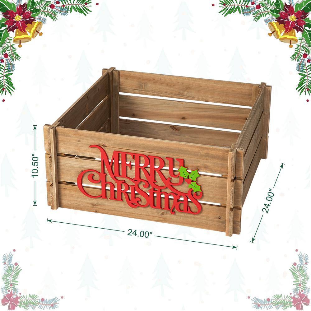 24 in. L Natural Wooden “MERRY CHRISTMAS” Solid Wood Crate Tree Collar - Hercitys
