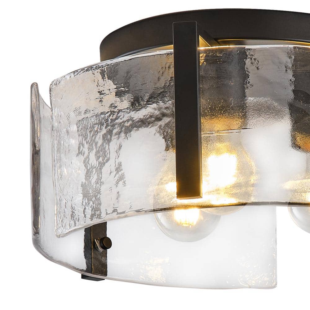 14.17 in. 3-Light Industrial Black Flush Mount Modern Ceiling Lighting Fixture with Water Glass Shade - Hercitys