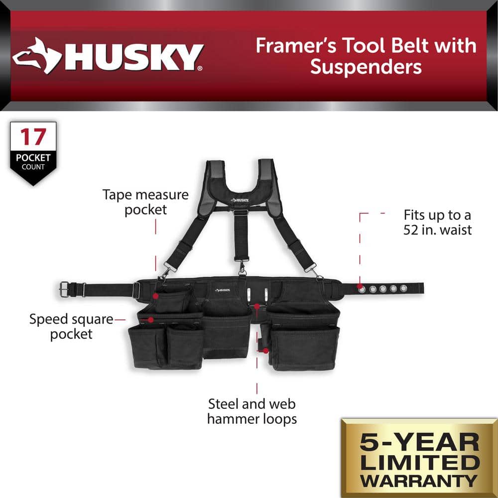 3-Bag 17-Pocket Black Framer’s Suspension Rig Work Tool Belt with Suspenders - Hercitys