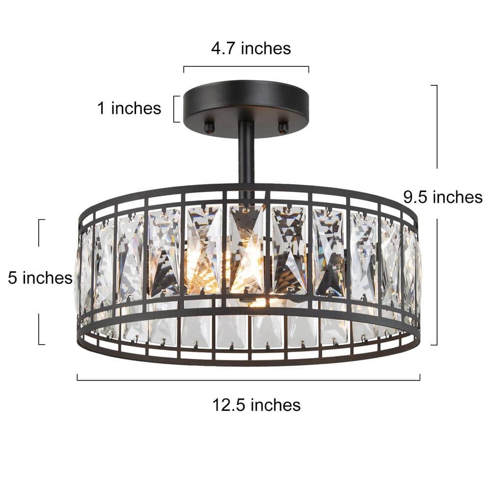 12.5 in. 2-Light Industrial Modern Black Drum Semi Flush Mount Light with Crystal Glass Shade - Hercitys