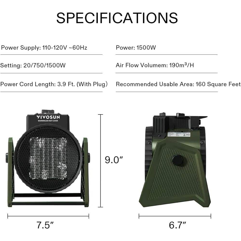 1500-Watt/750-Watt 9 in. Electric Portable Ceramic Space Heater with 3 Modes, Overheat Protection and Water Proof - Hercitys