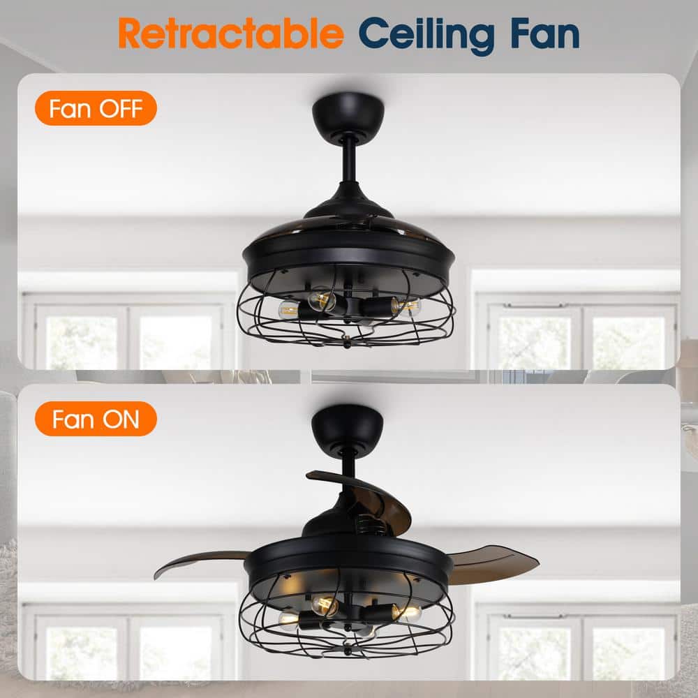 36 in. Downrod Mount Retractable 3-Blade Black Ceiling Fan with Light Kit and Remote Control - Hercitys