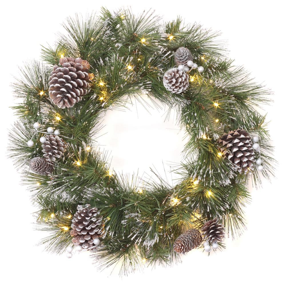 24 in. Artificial Whitter Pine Wreath with LED Lights - Hercitys