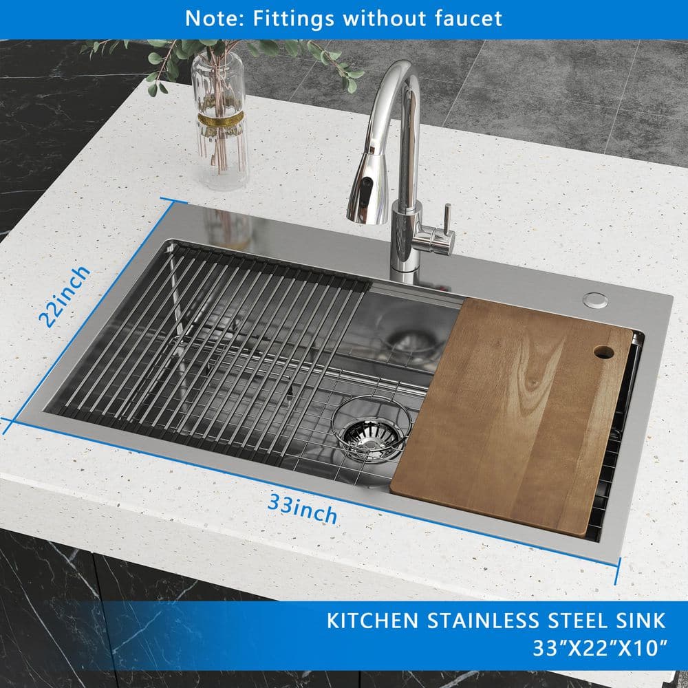 33 in. Drop-In/Undermount Single Bowl 16 Gauge Gunmetal Sliver Stainless Steel Kitchen Sink with Bottom Grids - Hercitys