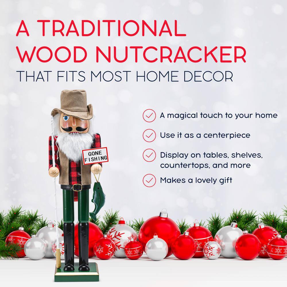 15 in. Wooden Christmas Fisher Man Nutcracker – Red and Green Fisherman Nutcracker with Fishing Rod and Fish in Hand - Hercitys