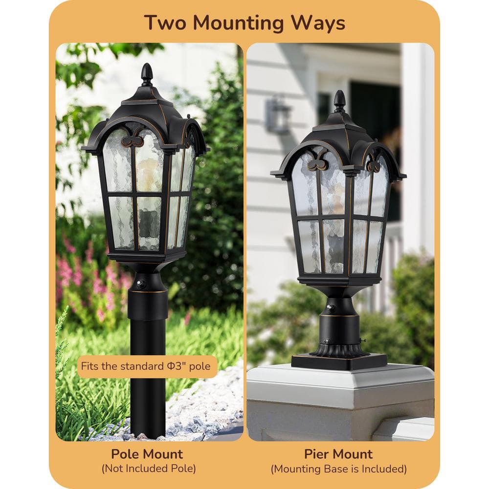 22 in. Large 1-Light Black Aluminum Dusk to Dawn Outdoor Waterproof Pier Mount Light with No Bulbs Included - Hercitys