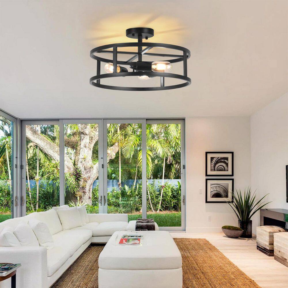 16.5 in. 3-Light Black Drum Semi Flush Mount Ceiling Light with No Bulbs Included - Hercitys