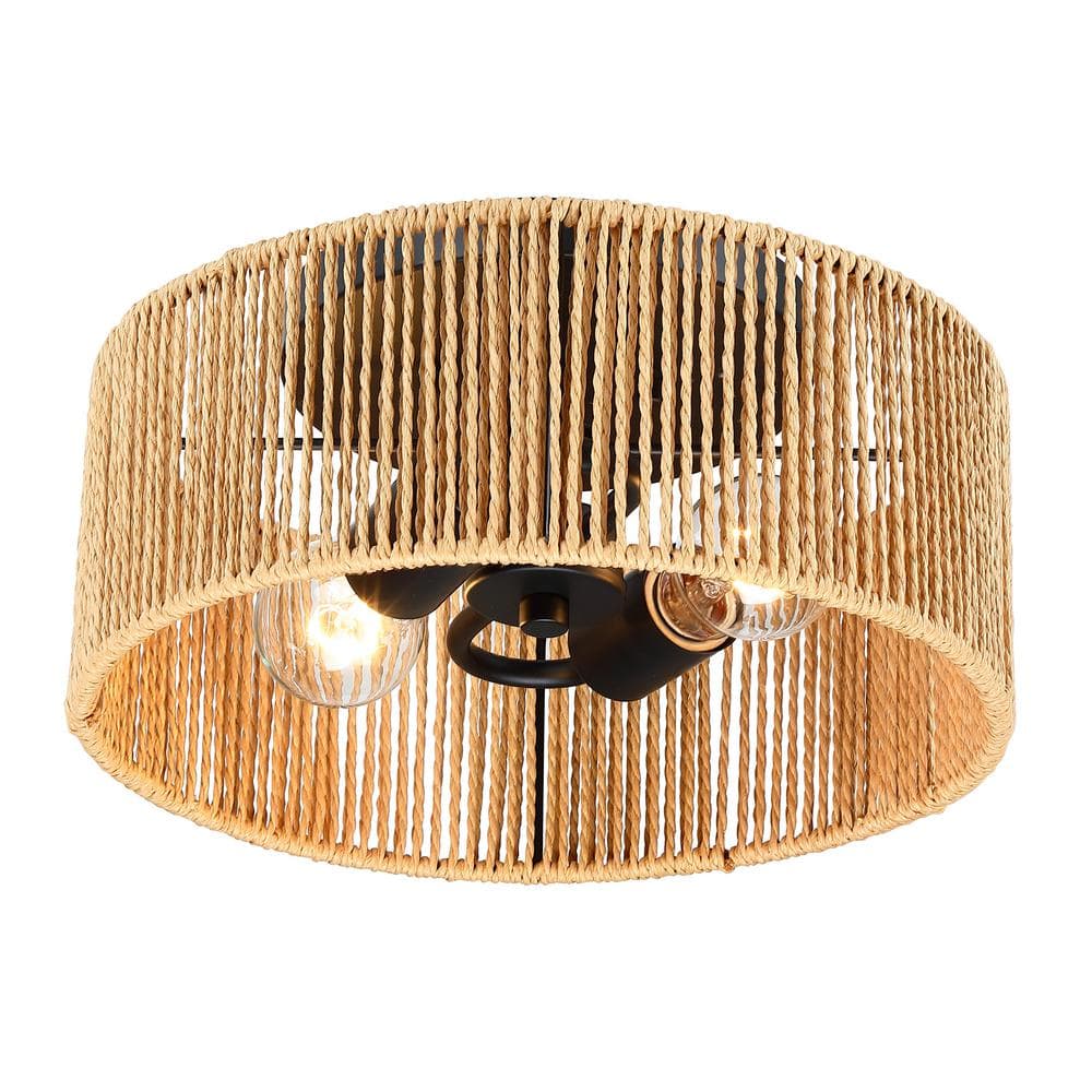 12 in. 2-Light Matte Black Modern Flush Mount with Natural Paper Shade No Bulbs Included - Hercitys