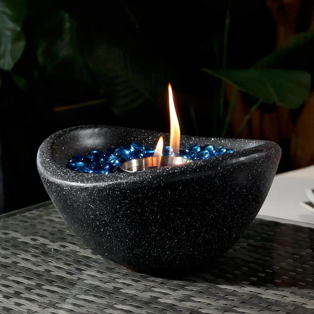 11 in. Black Outdoor Concrete Gel or Liquid Fire Pit Mixed Color Tabletop Mini Smokeless Fire Bowl with Blue Glass Beads - Hercitys