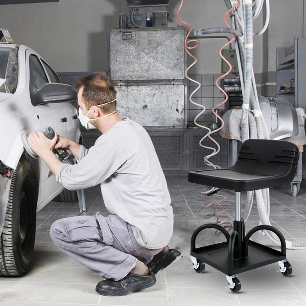 300 lbs. Capacity Rolling Garage Stool, Adjustable Height, Mechanic Seat with Swivel Wheels and Tool Tray, Black - Hercitys