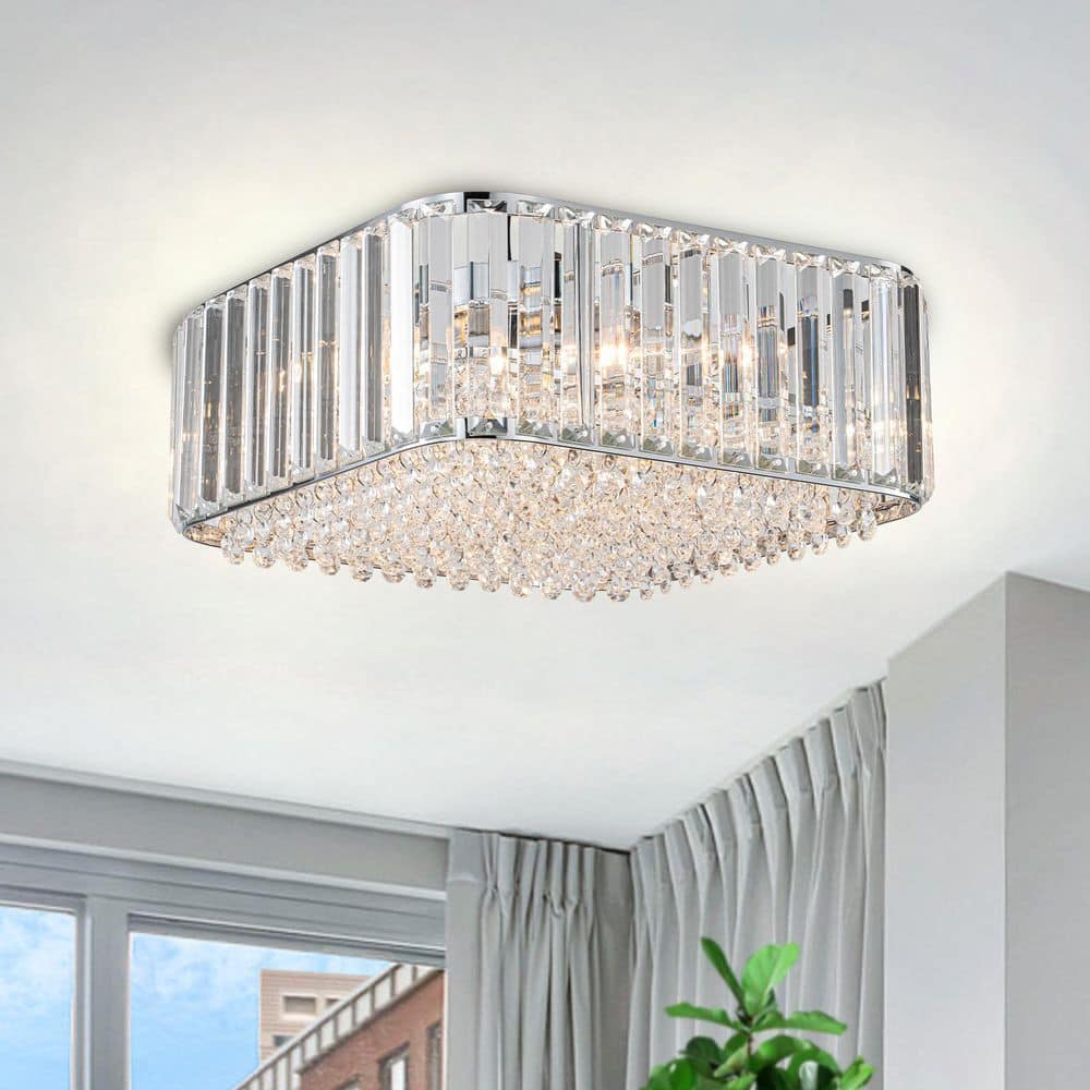13.38 in. 4-Light Modern Transitional Chrome Square Flush Mount Ceiling Light with Crystal Shade for Living Room - Hercitys