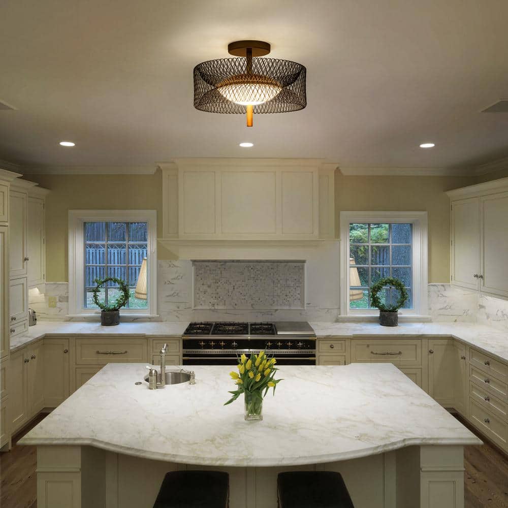 12.6 in. 23-Watt Black/Gold Integrated LED Semi-Flush Mount Ceiling Light with Drum Shade - Hercitys