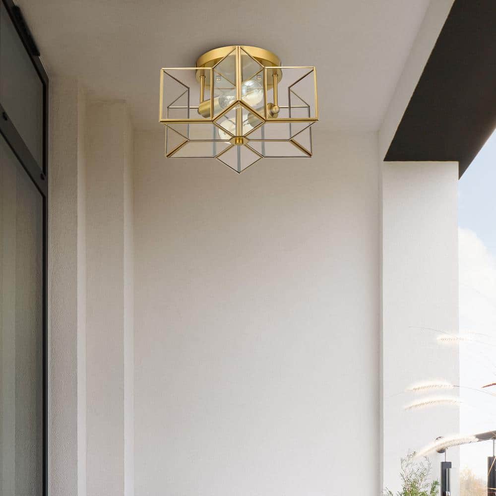 13.3 in. 2-Light Gold Flush Mount with Star Glass Shade - Hercitys